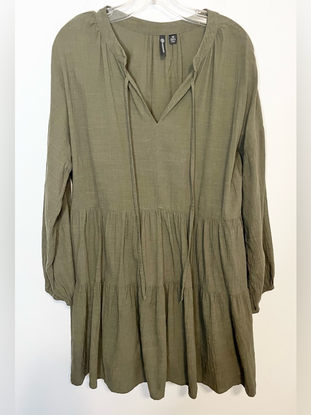 Versona Gauzy Boho Babydoll Tiered Ruffle Dress. Olive Green, Cotton Blend. Sz M